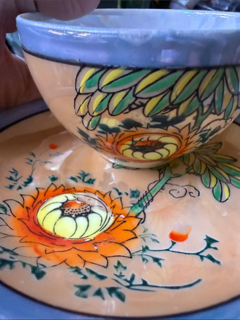 Vintage ca 1940-50’s  made in Japan orange flower lusterware tea cup & saucer